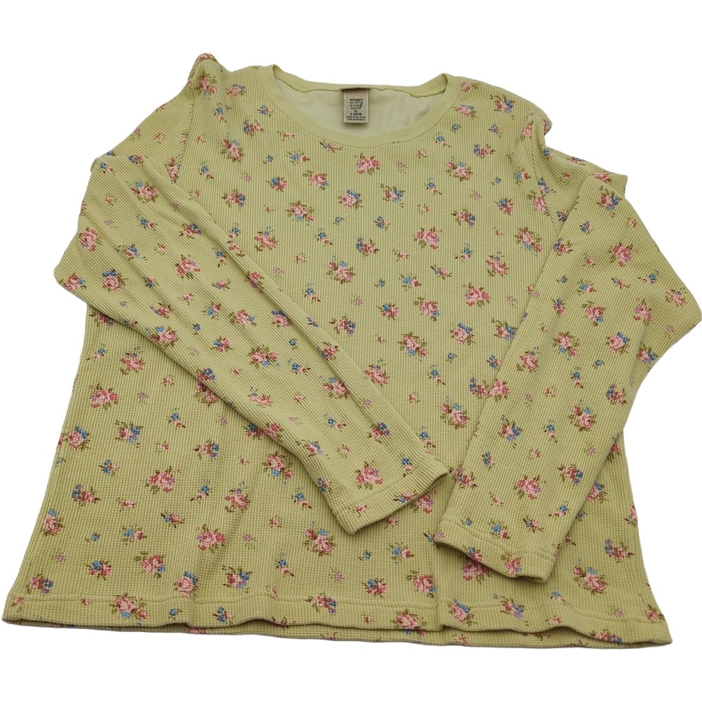 LL Bean Waffle Knit Thermal Top Womens XL Sage Green Floral Long Sleeve Crewneck